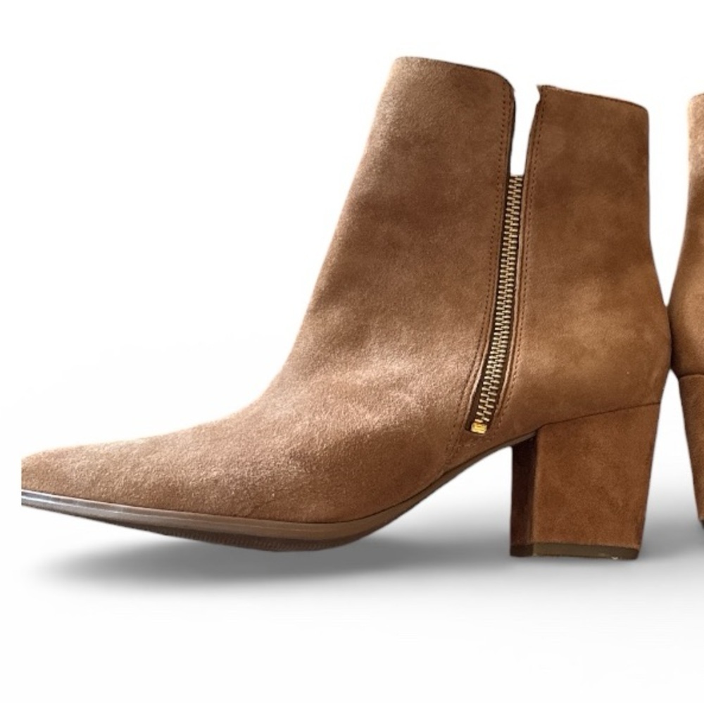 BLOW OUT‼️ Michael Kors Suede Ankle Booties Cognac Block Heel Gold Zip Size 7.5M